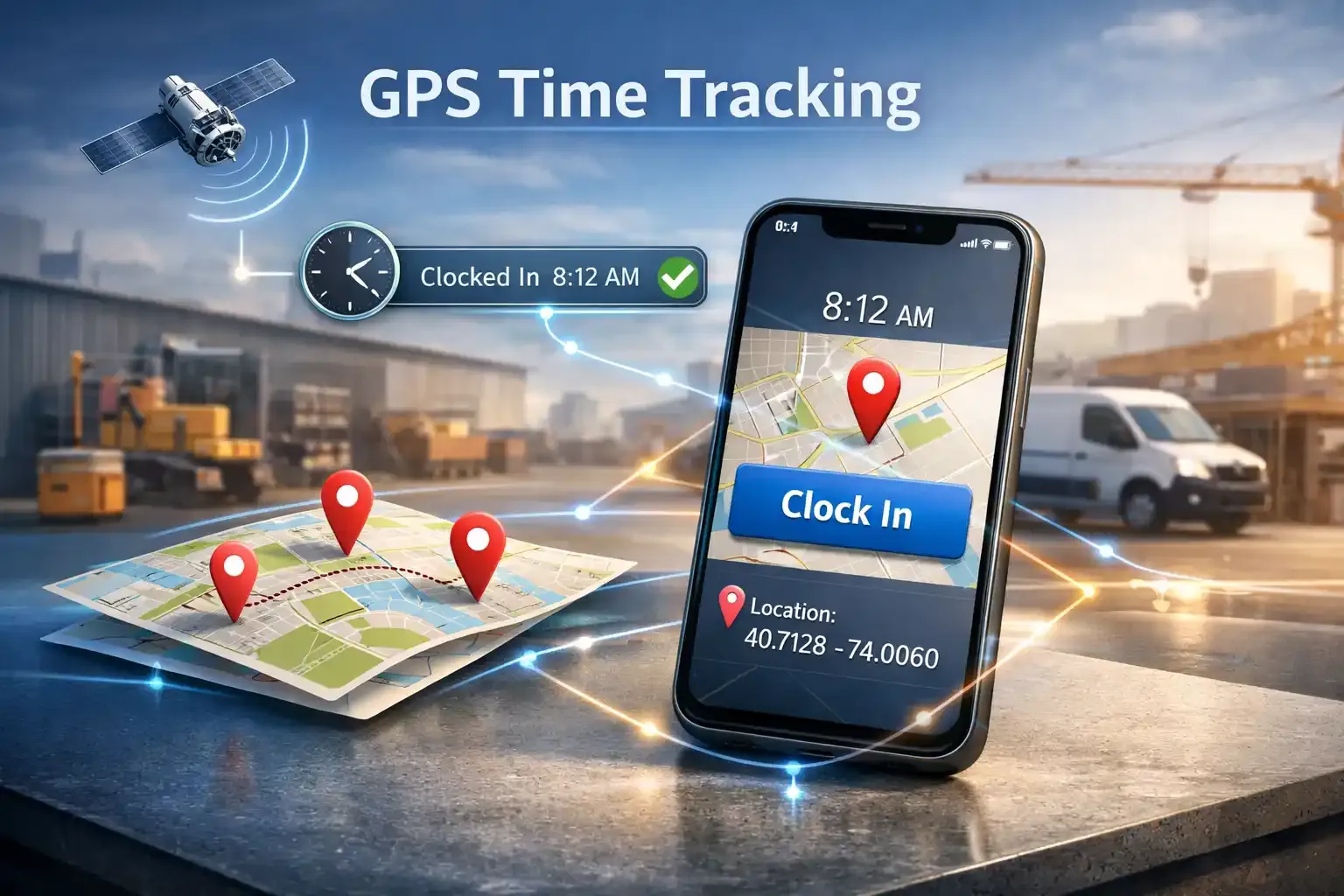 GPS time tracking app showing clock-in time and job-site location on map UI